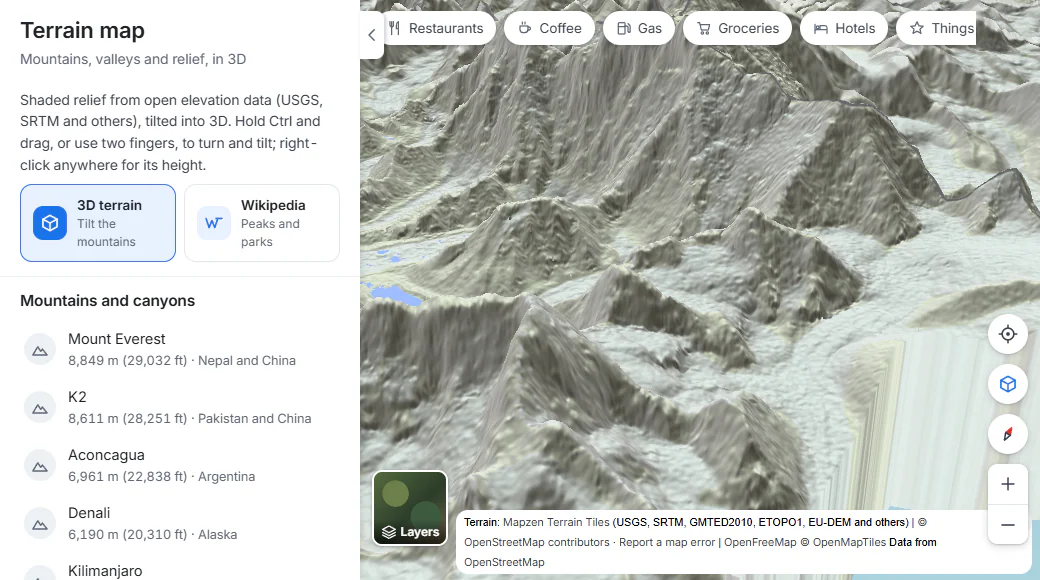 The Terrain page: mountains near Mount Everest drawn as shaded relief, tilted in 3D, with a 3D terrain switch and a list of mountains and canyons in the panel